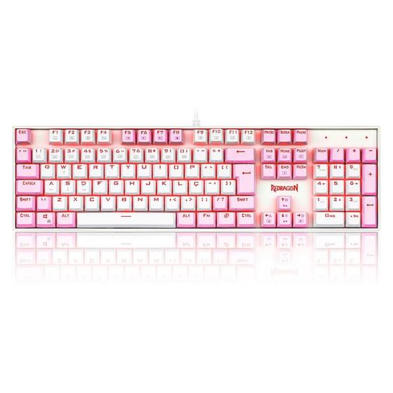 Imagem de Teclado Mecânico Gamer Redragon Single Color Mitra, Switch Blue, ABNT2, Branco e Rosa - K551WP (PT-BLUE)