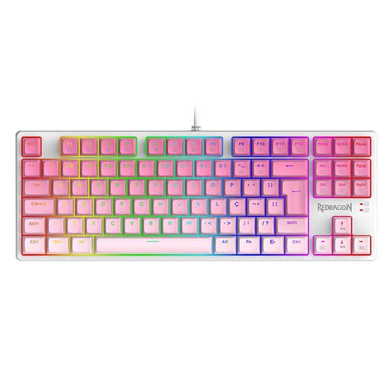 Imagem de Teclado mecanico usb gamer daksa rgb switch brown redragon k576gp-rgb branco e rosa