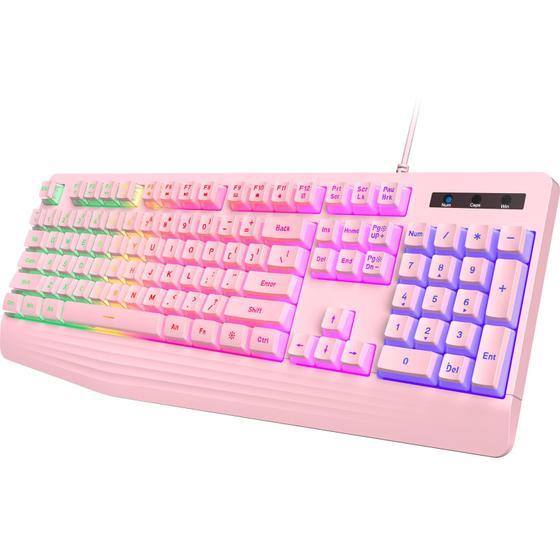 Imagem de Teclado para jogos yesbeaut Pink Rainbow LED retroiluminado 104 teclas