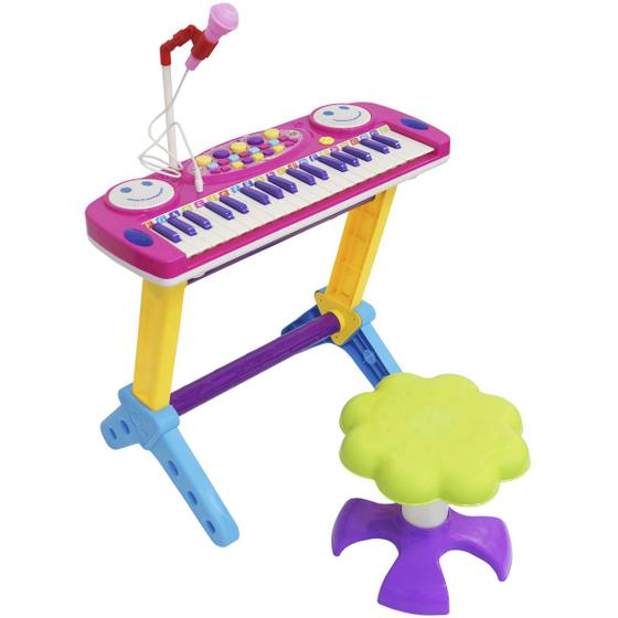 Imagem de Teclado Piano Infantil Musical Rock Star 37 Teclas com Microfone e Banqueta Rosa Importway Bw151rs