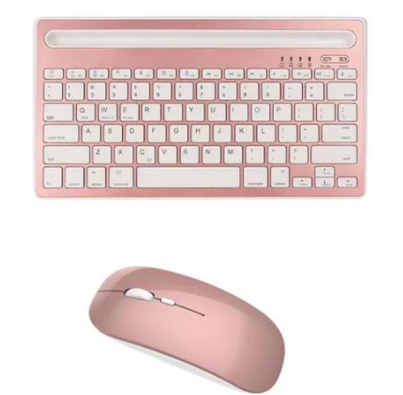 Imagem de Teclado Sem Fio Com Apoio Para Tablet Celular Notebook + Mouse sem fio Wireless Rosa