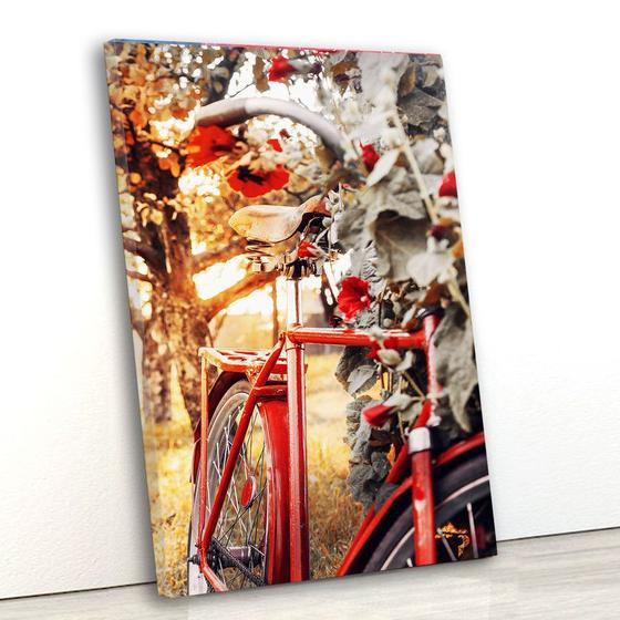 Imagem de Tela canvas vert 70x45 bicicleta apoiada em flores vermelhas