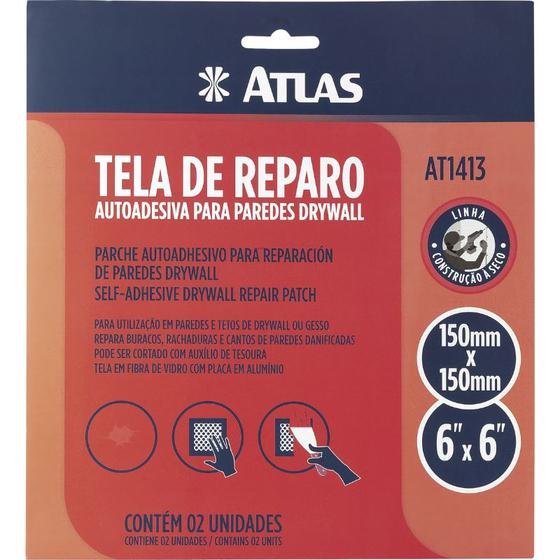 Imagem de Tela de Reparo Autoadesiva 150 mm x 150 mm Para Paredes e Drywall - ATLAS