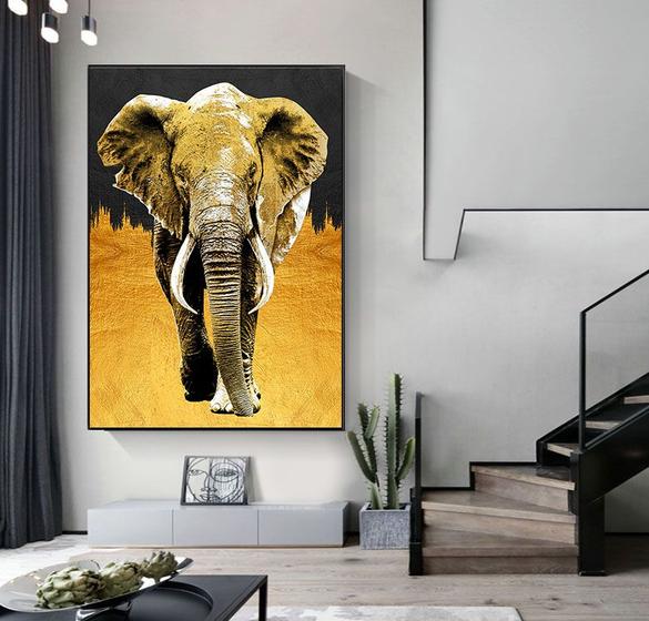 Imagem de Tela em tecido canvas para sala quarto Moldura  Elefante Dourado