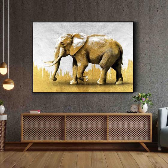 Imagem de Tela Quadro Decorativo com Moldura Sala  Arte Elefante Dourado