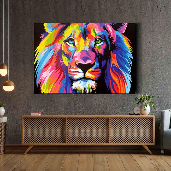 Imagem de Tela Quadro decorativo p sala leão Colorido Pop Art 90x60