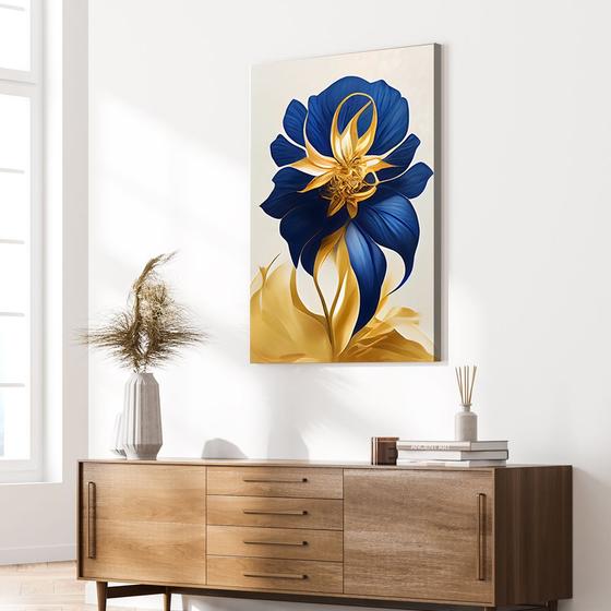 Imagem de Tela Quadro Decorativo p Salaflor Azul Dourada Arte 98x70