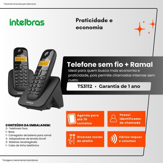 Telefone Sem Fio Digital + Ramal Adicional TS 3112 Intelbras Preto