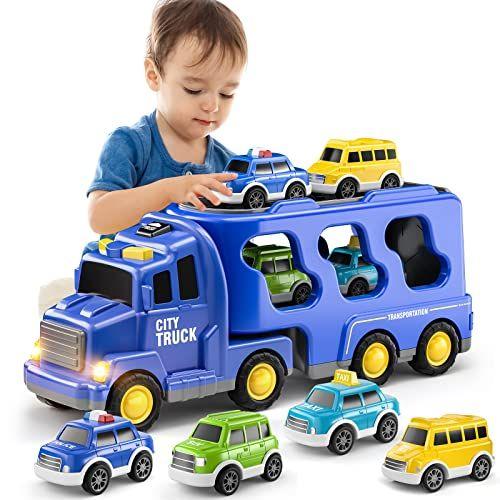 Imagem de TEMI Toddler Truck Brinquedos para 3 4 5 6 7 Meninos de idade - 5 Pack Carrier Truck Transporte Veículos da Cidade Brinquedos, Crianças Brinquedos Carro para Meninas Meninos Crianças Fricção Power Set, Push and Go Play Veículos Brinquedos ...