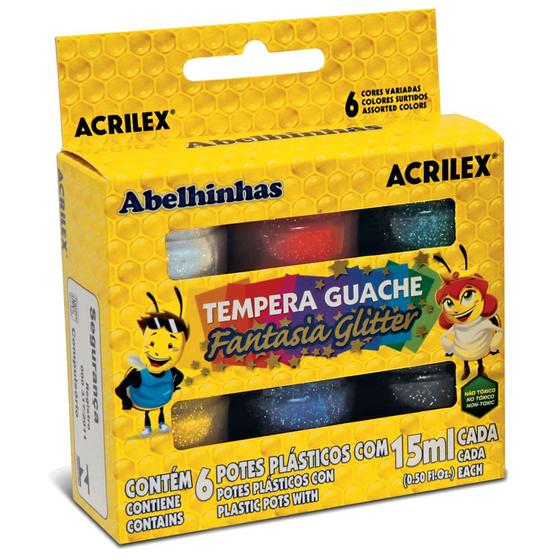 Imagem de Tempera Guache Fantasia Glitter Acrilex kit com 6 Cores com 15 ml Cada