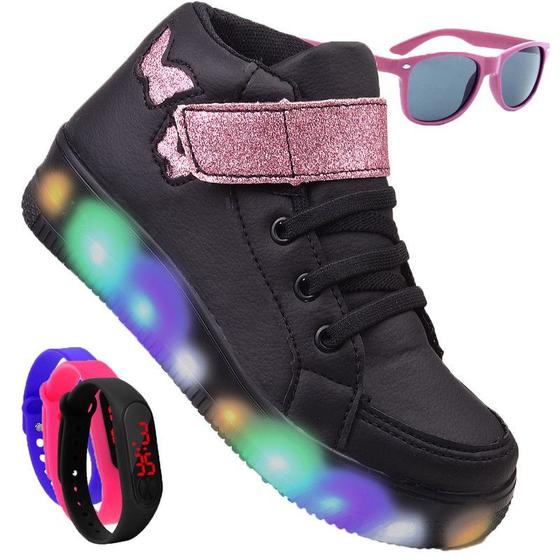 Imagem de Tenis Botinha Feminino De Led Borboleta Glitter + Oculos Relogio