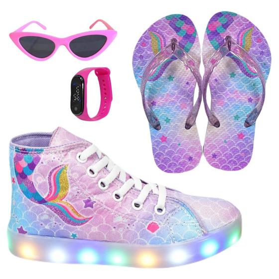 Imagem de Tênis Botinha Infantil Led Feminino Sereia Casual +Chinelo+Óculos+Relógio
