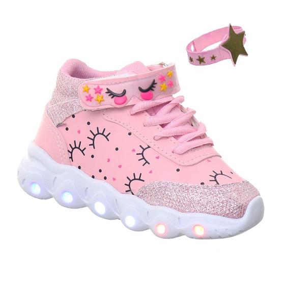 Imagem de Tenis Botinha Infantil Menina Led Luz Rosa Mais Pulseira