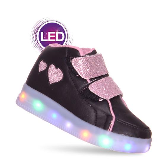 Tênis Botinha Led luz Infantil Meninas Coração preto e rosa