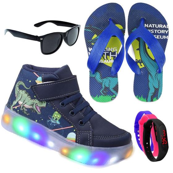 Imagem de Tenis Botinha Masculino De Led Com Calce Facil Infantil Dinossauro  Diversão Luzinha + Chinelo E Oculos Relogio