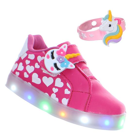 Imagem de Tenis Calçado com Luz de Led Pisca Unicornio Pink Meninas + Acessorio Pulseira