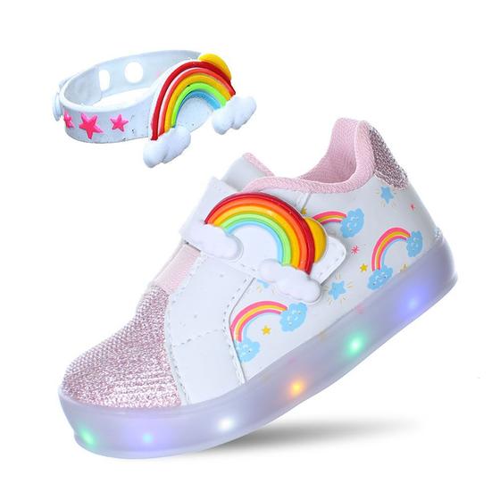 Imagem de Tenis Calçado Luz Led Arco Iris Nuvem Infantil Menina Com Pulseira Rosa