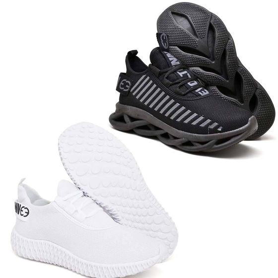 Imagem de Tênis Caminhada Academia Corrida Confortavel 2 Pares Diferentes Branco/Preto