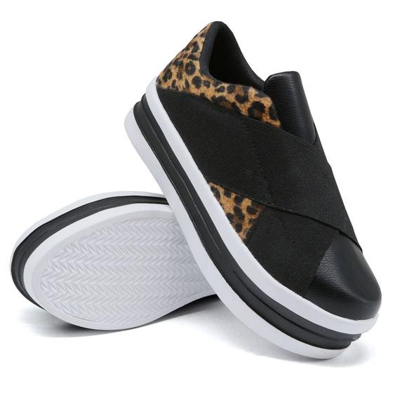 Imagem de Tenis Casual Amanda Block Detalhe Animal Print Onça com Sola Alta e Elasticos