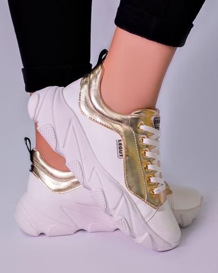 Imagem de Tênis Casual Confort Sneaker Branco e Dourado Feminino - Legut