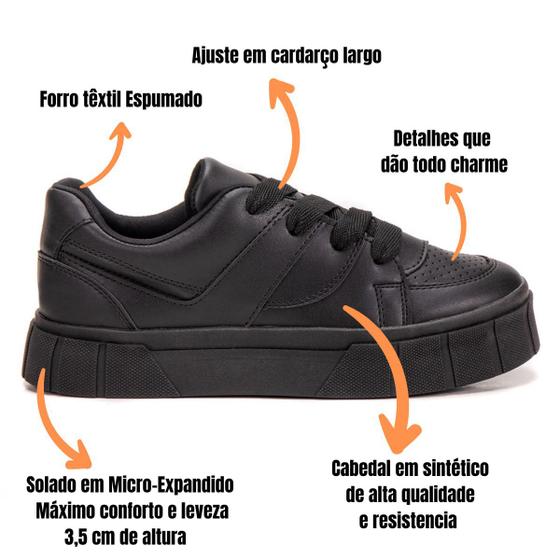 Imagem de Tênis Casual Feminino All Black Todo Preto Sapatênis Blogueira Original Confortável  Oferta