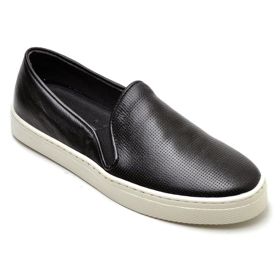 Imagem de Tênis Casual Slip On Couro Feminino Forro Tecido Espumado Confortável Macio Leve Solado Flat