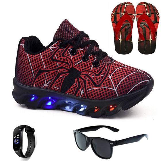 Imagem de Tenis De Led Aranha Infantil Preto Masculino Meninos + Chinelo + Oculos + Relogio