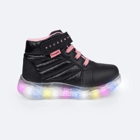 Imagem de Tênis de Led Cano Médio Pampili Liz Luz Matelassê Comfy Preto e Rosa Neon