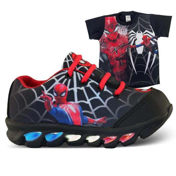 Imagem de tenis de led infantil masculino homem aranha com luzinha meninos mais camisa