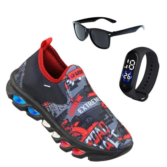 Imagem de Tênis de Led Infantil Masculino Ledstar Calce Facil Carros + Relógio + Óculos