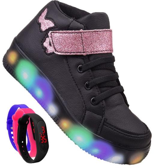 Imagem de Tenis Feminino Botinha De Led Tira Colante Borboleta Glitter Brilho  + Relogio