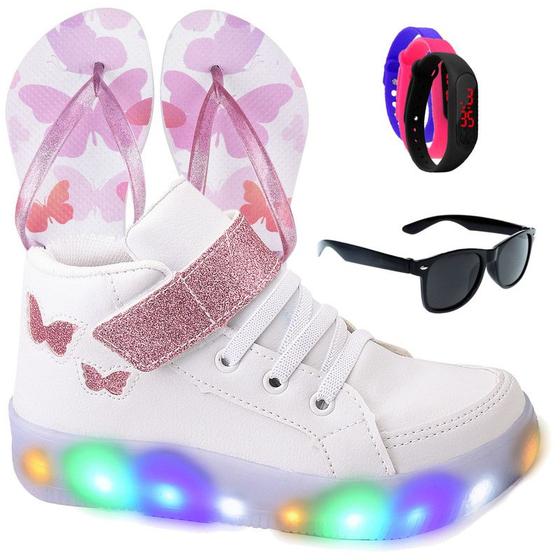 Tenis Feminino Botinha De Led Tira Colante Borboleta Glitter Luzinha + Chinelo + Oculos + Relogio Menor preço em Tenis Feminino Botinha De Led Tira Colante Borboleta Glitter Luzinha + Chinelo + Oculos + Relogio