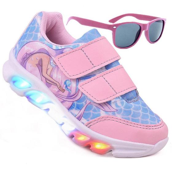 Imagem de Tenis Feminino De Led Calce Facil Infantil Sereia Personagem Diversão Luzinha + Oculos