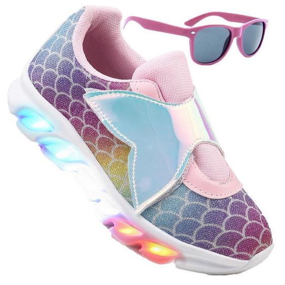 Imagem de Tenis Feminino De Led Calce Facil Refletivo Infantil Sereia Luzinha + Oculos