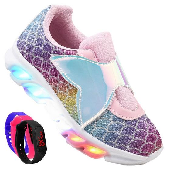 Imagem de Tenis Feminino De Led Calce Facil Refletivo Infantil Sereia Personagem Diversão Luzinha + Relogio