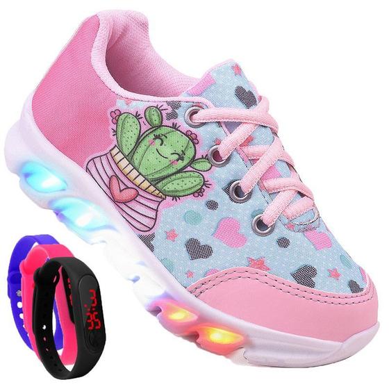 Imagem de Tenis Feminino De Led Infantil CoraÃÃµes Personagem DiversÃo Luzinha + Relogio