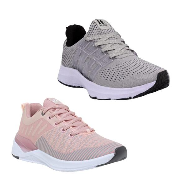 Imagem de Tênis Feminino Esportivo Caminhada Corrida Confortável Kit Rosa/Cinza 37