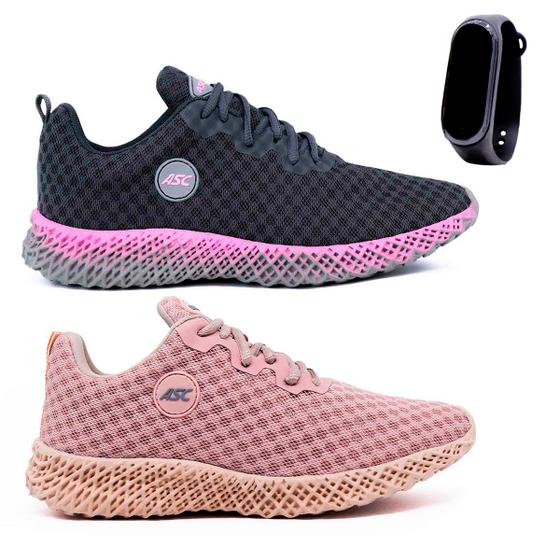 Imagem de Tenis Feminino Esportivo Para Caminhada Academia Malhar Baixo 2 Pares E Relógio Led