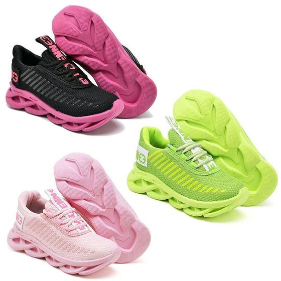 Imagem de Tênis Feminino Infantil Esporte Sola Trançada Confortavel Kit 3 Peças Rosa Pink