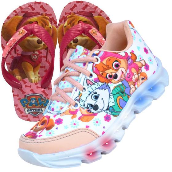 Tenis Feminino Infantil Led Luzinha Patrulha Canina + Chinelo Menor preço em Tenis Feminino Infantil Led Luzinha Patrulha Canina + Chinelo