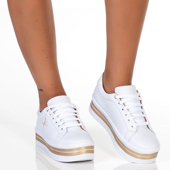 Tenis Feminino Salto Plataforma Bordado Fé Branco Dourado Menor preço em Tenis Feminino Salto Plataforma Bordado Fé Branco Dourado