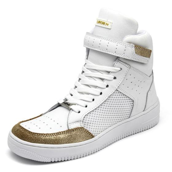 Imagem de Tênis Feminino Sneakers Lirom Fit Em Couro Branco/Dourado