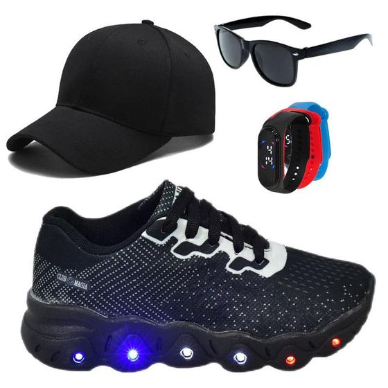 Imagem de Tênis Infantil Cadarço Feminino Masculino Com Led Escolar +Boné+Óculos+Relógio