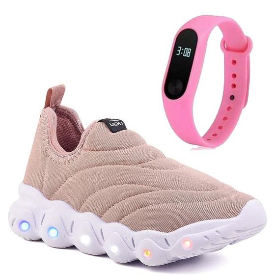 Imagem de Tenis Infantil De Led Calce Facil Elastico Meninas Feminino + Relogio