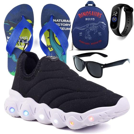 Imagem de Tenis Infantil De Led Calce Facil Elastico Meninos Masculino + Mochila Chinelo Oculos Relogio