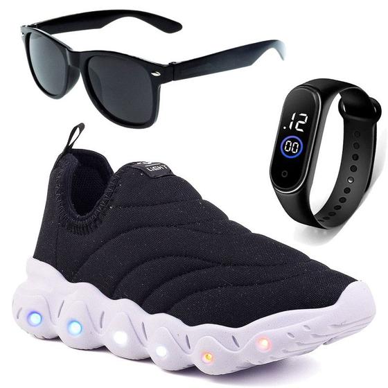 Imagem de Tenis Infantil De Led Calce Facil Elastico Meninos Masculino + Oculos Relogio