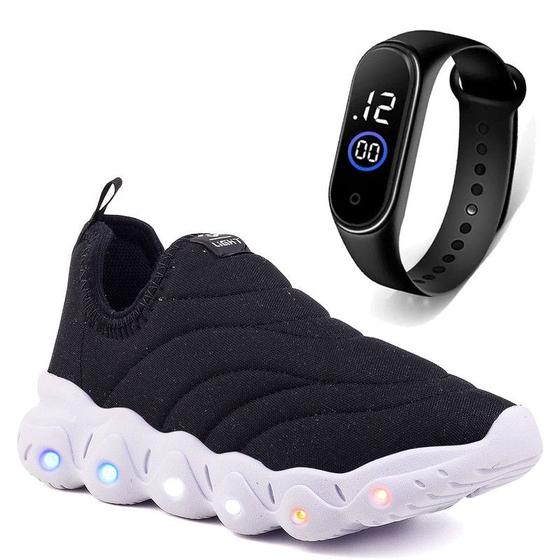 Imagem de Tenis Infantil De Led Calce Facil Elastico Meninos Masculino + Relogio