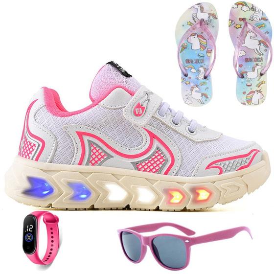 Imagem de Tenis Infantil De Led Casual Jogger Meninas Escolar Basico + Chinelo Oculos Relogio