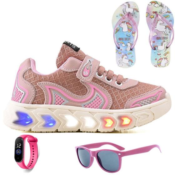 Imagem de Tenis Infantil De Led Casual Jogger Meninas Escolar Basico + Chinelo Oculos Relogio