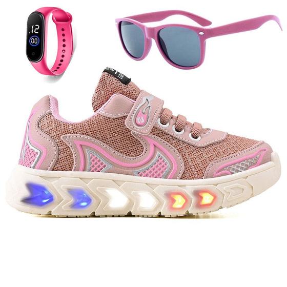 Imagem de Tenis Infantil De Led Casual Jogger Meninas Escolar Basico+ Oculos + Relogio